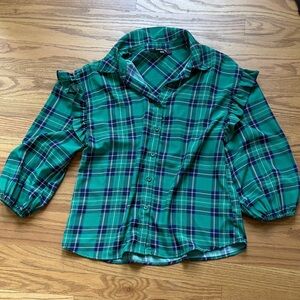 Green Plaid Ruffle Button-Up Shirt